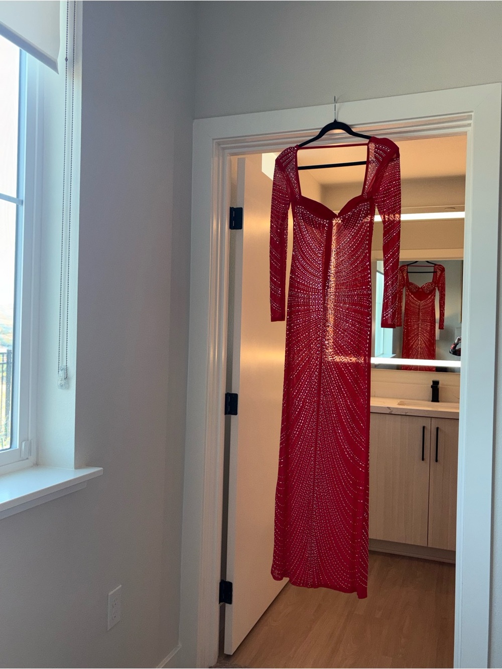 Macy's Red Long Sleeve Sequin Mesh Gown with Sculpted Bust - Picture 13 of 13